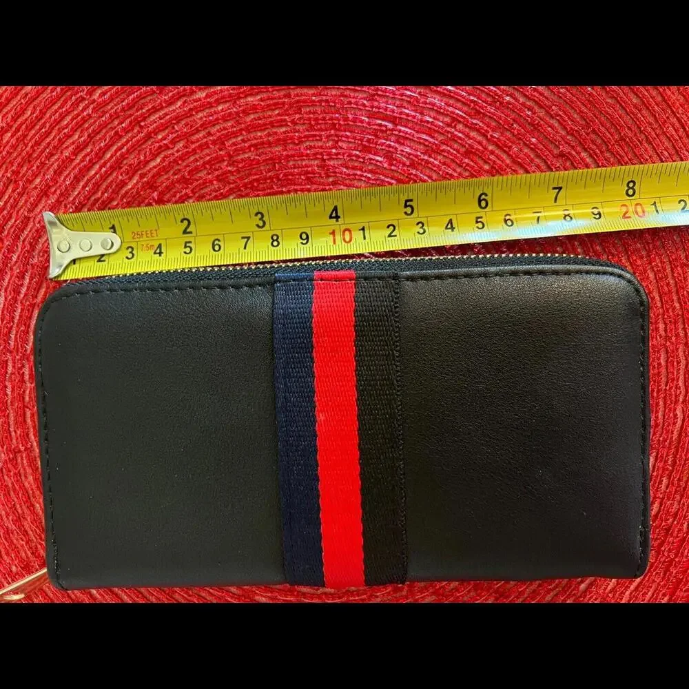 Black Faux Leather Zip‎ Wallet with Red & Navy Stripe Trim